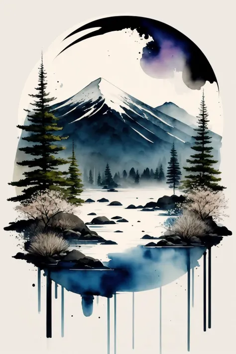 white background, scenery, watercolor, mountains, water, trees, moon, colorful,  <lora:Ink scenery:1>