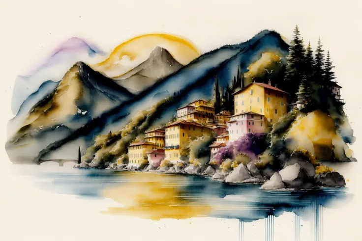 (lake como yellow house by the water), white background, scenery, black ink, mountains, water, trees, soft colors, dreamy, watercolor <lora:add_detail:1>, <lora:Ink scenery:1>