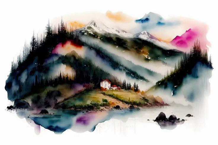 (Vineyard on a hillside), white background, scenery, black ink, mountains, water, trees, soft colors, dreamy, watercolor <lora:add_detail:1>, <lora:Ink scenery:1>