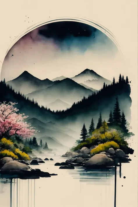 white background, scenery, watercolor, mountains, water, trees, colorful,  <lora:Ink scenery:1>