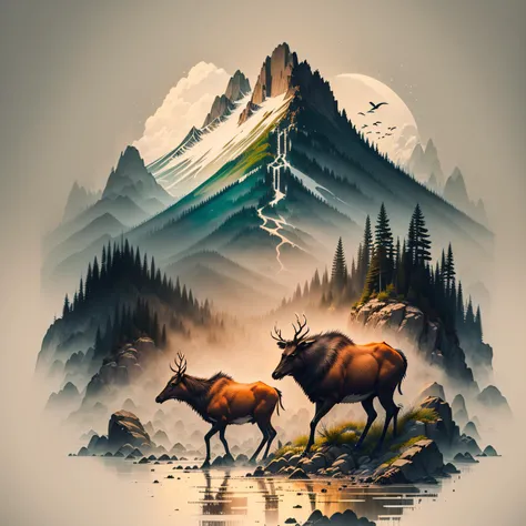 ((master piece)), best quality, (8k, best quality, masterpiece:1.2), ultra-detailed, a herd of elk walking along a river in a mountain valley , <lora:ink-0.1-3-b28-bf16-D128-A1-1-ep64-768-DAdaptation-cosine:1.0>