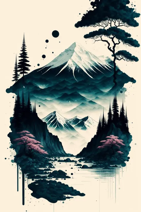 white background, scenery, ink, mountains, water, trees  ,<lora:ink-0.1-3-b28-bf16-D128-A1-1-ep64-768-DAdaptation-cosine:1>