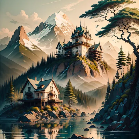 ((master piece)), best quality, (8k, best quality, masterpiece:1.2), ultra-detailed, an enormous ecopunk mansion built on an alpine mountain overlooking a verdant river valley, <lora:ink-0.1-3-b28-bf16-D128-A1-1-ep64-768-DAdaptation-cosine:1.0>