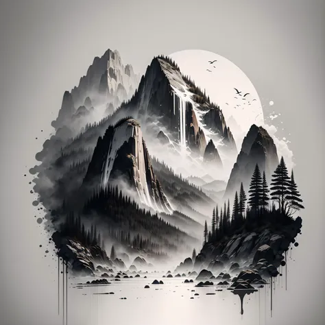 ((master piece)), best quality, (8k, best quality, masterpiece:1.2), ultra-detailed, a black and white representation of yosemite , <lora:ink-0.1-3-b28-bf16-D128-A1-1-ep64-768-DAdaptation-cosine:1.0>