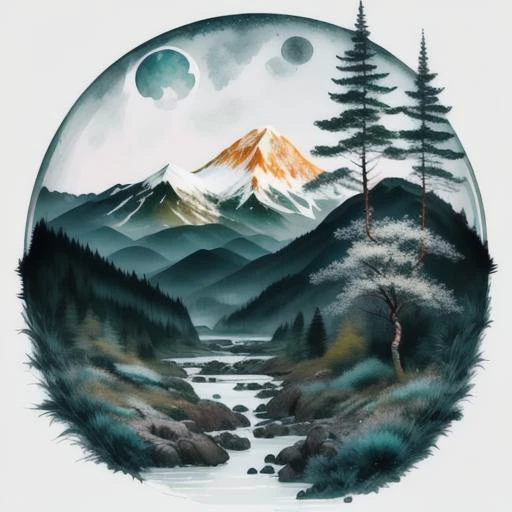 icy mountain top left, green forest, moon top right, stars, forest , white background, scenery, ink, mountains, water, trees,(phcrystal:1.2)
<lora:Ink scenery><lora:crystal_v1>