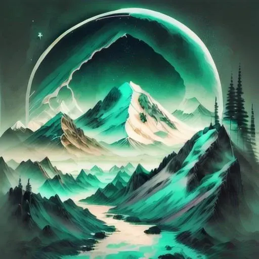 icy mountain top left, green forest, moon top right, stars, forest , scenery, ink, mountains, water, trees,retrowave
<lora:Ink scenery><lora:retrowave_0.12>