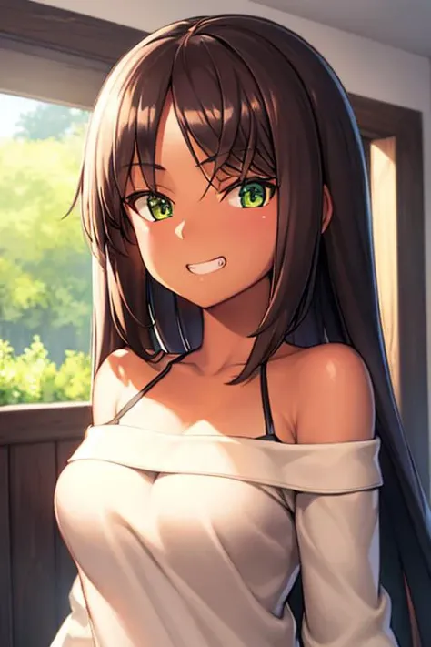 Young girl, long black hair, fox ears, yellow eyes, fox tails, nudity, open breasts, nipples, Smile, Masterpiece, hiquality