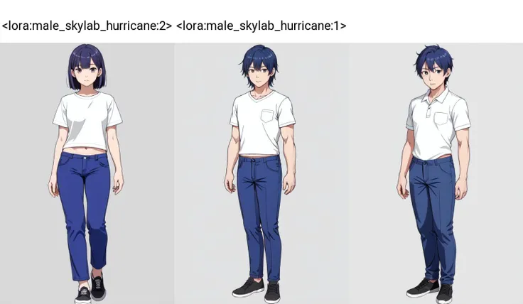 <lora:male_skylab_hurricane:2>, male femboy, otoko_no_ko, blue_pants, standing, full_body, groin
