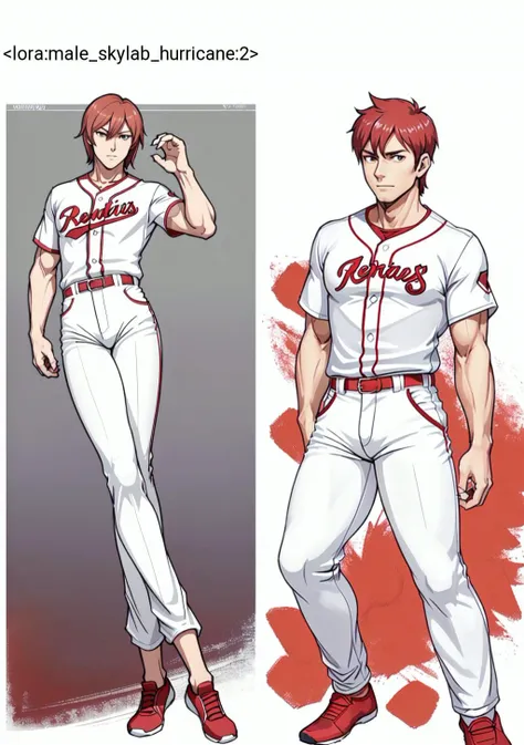 <lora:male_skylab_hurricane:2>, (mature muscular man:1.2), male, tall, (very short hair:1.3), (long_legs, long_body:1.6), (red baseball_uniform:1.2), (white_pants:1.3), (solo:1.5), full body, (from afar:1.5),(dynamic pose:1.5)