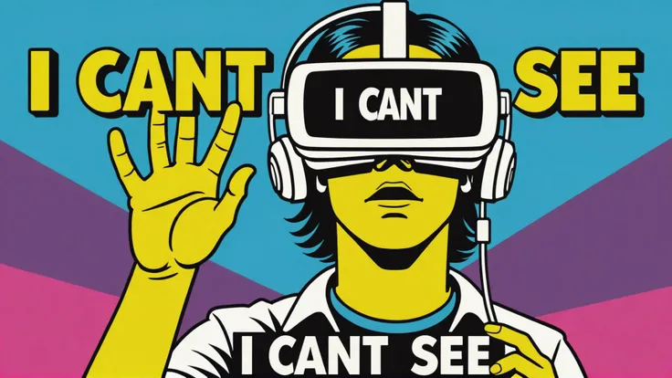 zxspectrum style, retro game of VR Headset, text that says "I Cant See" , blind deaf dumb