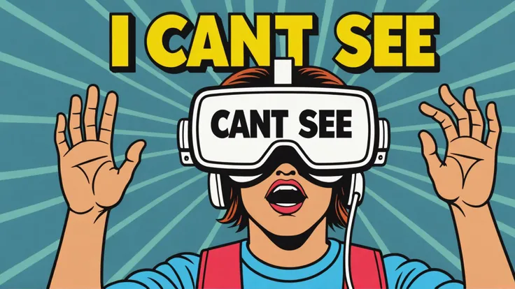 zxspectrum style, retro game of VR Headset, text that says "I Cant See" , blind deaf dumb