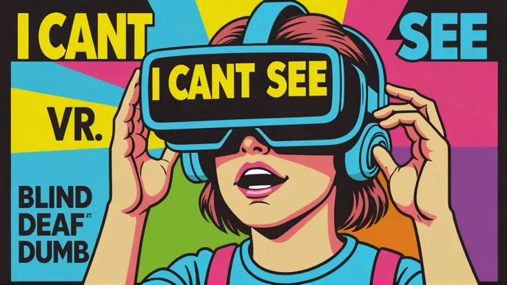 zxspectrum style, retro game of VR Headset, text that says "I Cant See" , blind deaf dumb