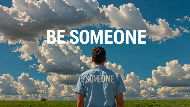 from behind , a man looks up to the blue sky, he looks at the white clouds, the clouds formed in to words, (Wording in the clouds says "BE SOMEONE")
