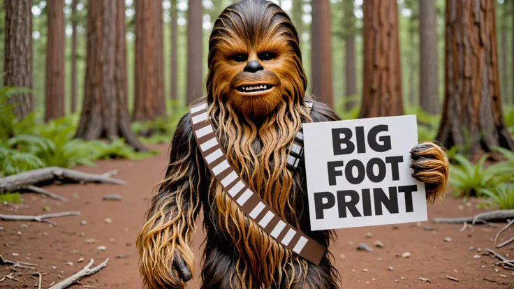 Photo of chewbacca with a sign that says "big foot print"