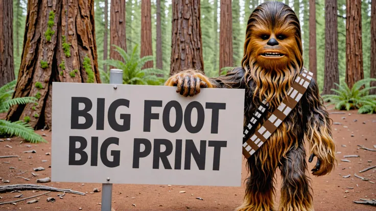 Photo of chewbacca with a sign that says "big foot print"