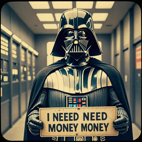 Star Wars analog film photo Photo of darth vader in matrix with a sign that says "I need money" . faded film, desaturated, 35mm photo, grainy, vignette, vintage, Kodachrome, Lomography, stained, highly detailed, found footage . Space opera, galaxy far, far away, epic, iconic, cinematic, highly detailed