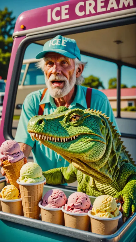 a beautiful high definition crisp portrait of old (reptile:1.2) skin selling ice cream from a truck in a suburban area, taken with a professional grade camera with exquisite color grading