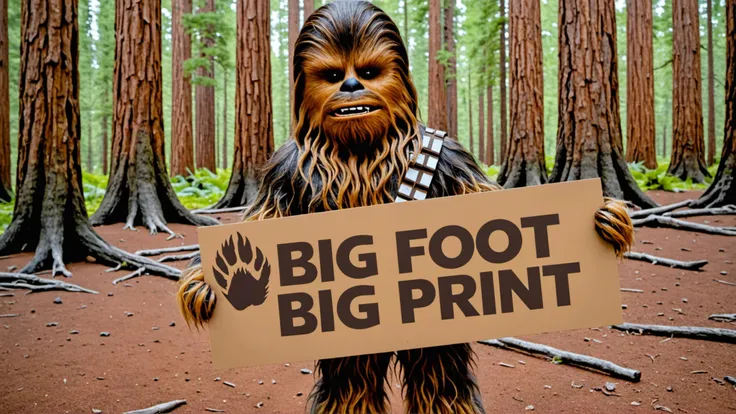 Photo of chewbacca with a sign that says "big foot print"