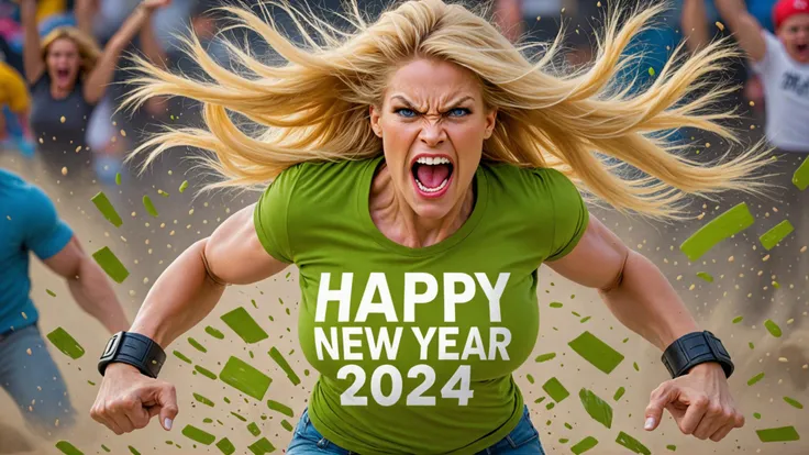 angry KAREN beautiful SUPERMODEL woman, "HAPPY NEW YEAR 2024" t-shirt logo, BLONDE hair, SEXY, turning into incredible hulk mad, ACTION SHOT, ACTION,<lora:EMS-251568-EMS:0.800000>