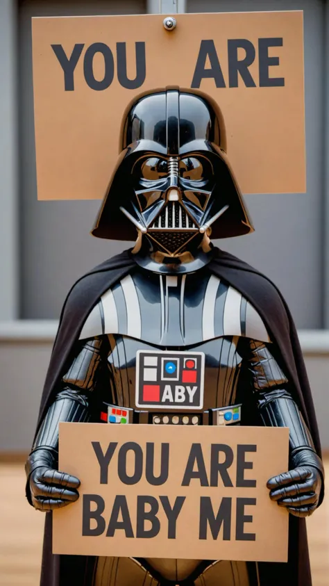Photo of darth vader with a sign that says "you are baby me"