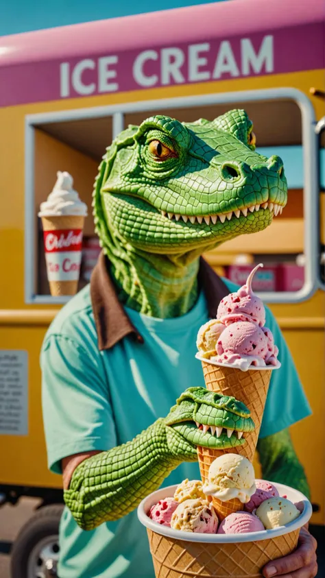 a beautiful high definition crisp portrait of old (reptile:1.2) skin selling ice cream from a truck in a suburban area, taken with a professional grade camera with exquisite color grading