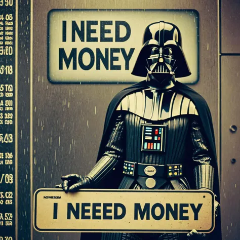 Star Wars analog film photo Photo of darth vader in matrix with a sign that says "I need money" . faded film, desaturated, 35mm photo, grainy, vignette, vintage, Kodachrome, Lomography, stained, highly detailed, found footage . Space opera, galaxy far, far away, epic, iconic, cinematic, highly detailed