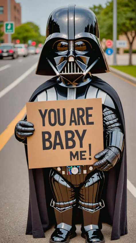 Photo of darth vader with a sign that says "you are baby me"