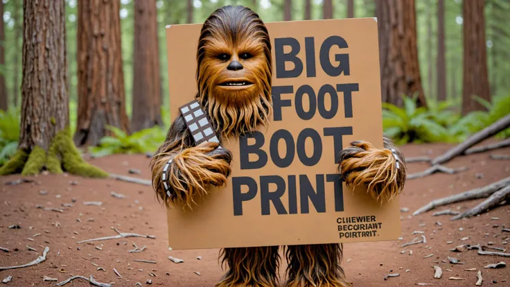 Photo of chewbacca with a sign that says "big foot print"