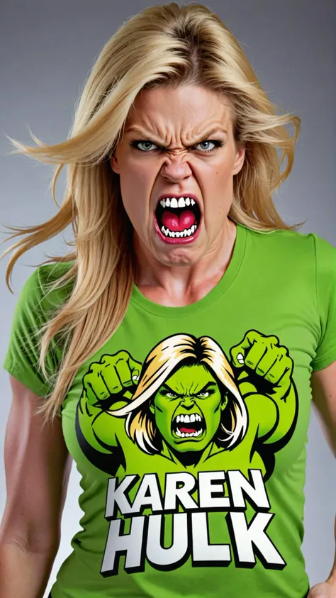 photograph of angry beautiful SUPERMODEL woman, "HULK SMASH MANIA" t-shirt logo, BLONDE hair, SEXY, turning into incredible hulk mad