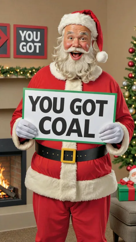 Photo of santa with a sign that says "you got coal"