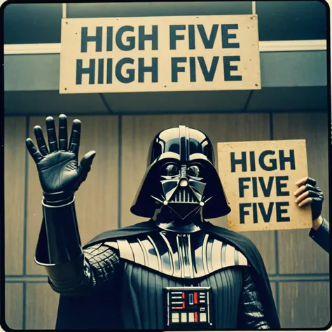 Star Wars analog film photo Photo of darth vader in matrix with a sign that says "high five" . faded film, desaturated, 35mm photo, grainy, vignette, vintage, Kodachrome, Lomography, stained, highly detailed, found footage . Space opera, galaxy far, far away, epic, iconic, cinematic, highly detailed