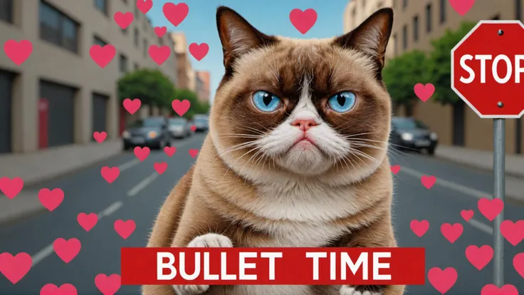 photo of grumpy cat in matrix with stop signs that says "bullet time" with hearts everywhere
