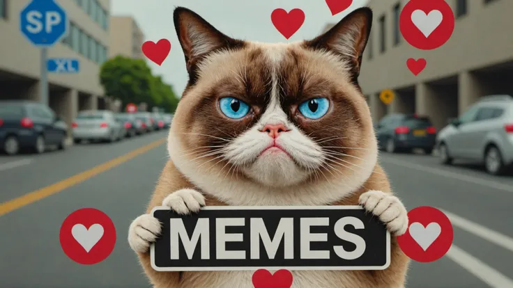 photo of grumpy cat in matrix with stop signs that says "memes xl" with hearts everywhere