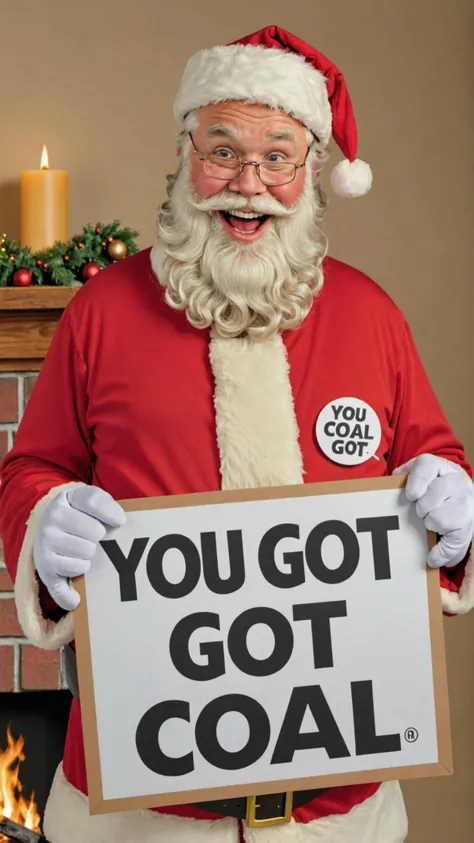 Photo of santa with a sign that says "you got coal"