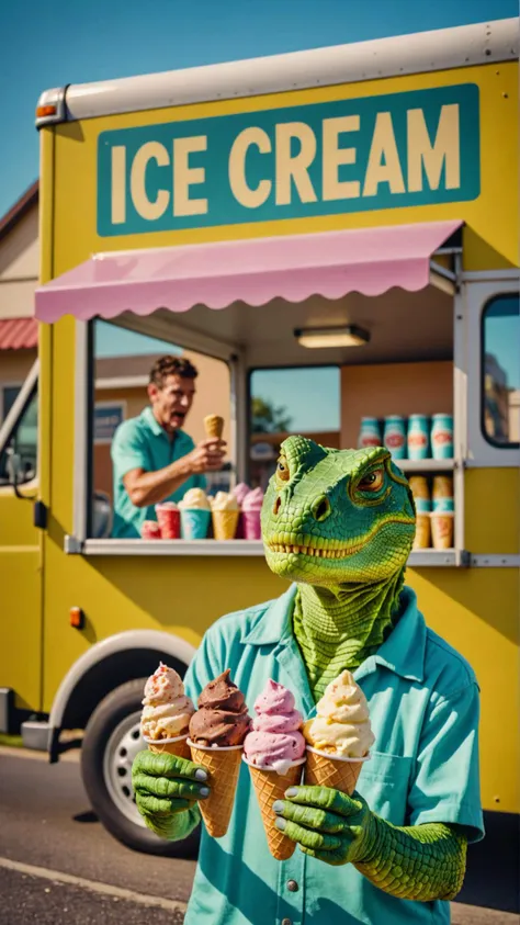 a beautiful high definition crisp portrait of old (reptile:1.2) skin selling ice cream from a truck in a suburban area, taken with a professional grade camera with exquisite color grading