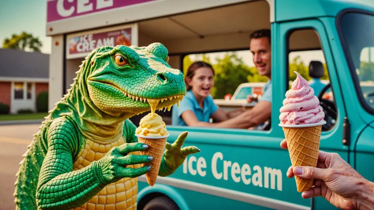 a beautiful high definition crisp portrait of old (reptile:1.2) skin selling ice cream from a truck in a suburban area,taken with a professional grade camera with exquisite color grading,