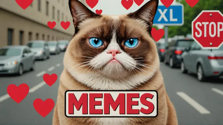 photo of grumpy cat in matrix with stop signs that says "memes xl" with hearts everywhere