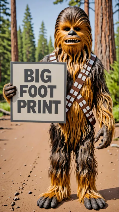 Photo of chewbacca with a sign that says "big foot print"