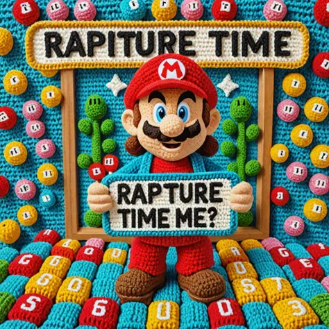Super Mario style Photo of Jesus in matrix code with a sign saying "rapture time" <lora:CROCHETED:1>CROCHETED . vibrant, cute, cartoony, fantasy, playful, reminiscent of Super Mario series