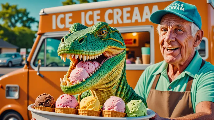 a beautiful high definition crisp portrait of old (reptile:1.2) skin selling ice cream from a truck in a suburban area,taken with a professional grade camera with exquisite color grading,