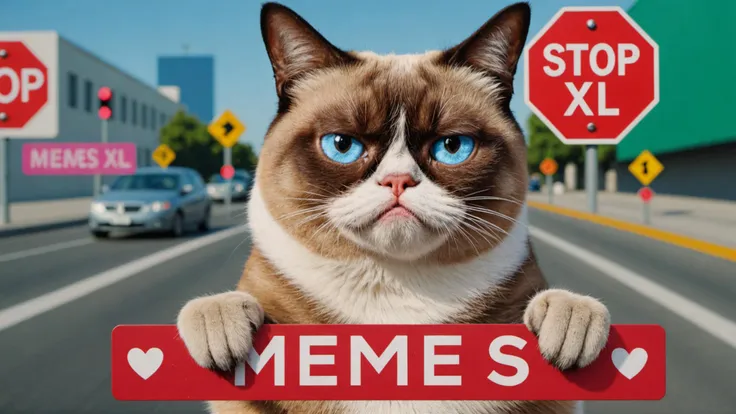 photo of grumpy cat in matrix with stop signs that says "memes xl" with hearts everywhere