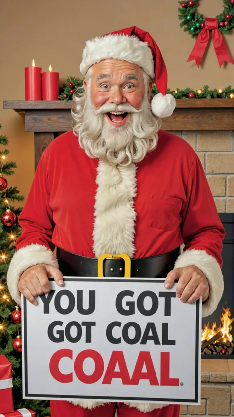 Photo of santa with a sign that says "you got coal"