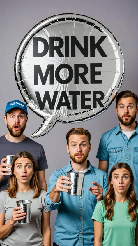 Photo of Conspiracy theorists with tin foil text bubble that says "drink more water"