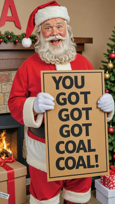 Photo of santa with a sign that says "you got coal"