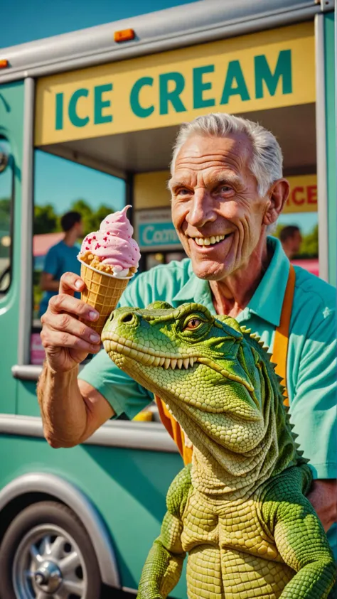 a beautiful high definition crisp portrait of old (reptile:1.2) skin selling ice cream from a truck in a suburban area, taken with a professional grade camera with exquisite color grading