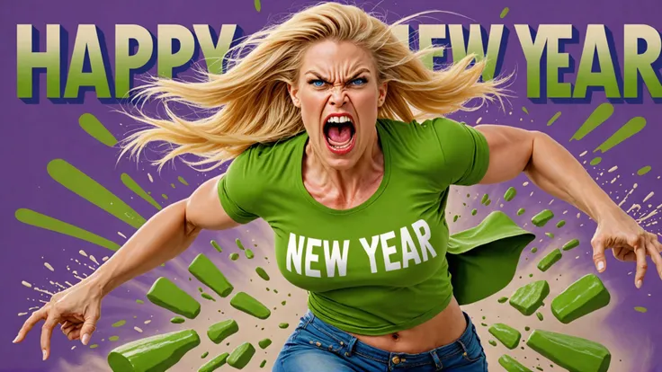 angry KAREN beautiful SUPERMODEL woman, "HAPPY NEW YEAR 2024" t-shirt logo, BLONDE hair, SEXY, turning into incredible hulk mad, ACTION SHOT, ACTION,<lora:EMS-251568-EMS:0.800000>