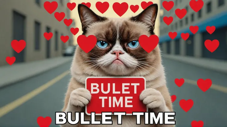 photo of grumpy cat in matrix with stop signs that says "bullet time" with hearts everywhere