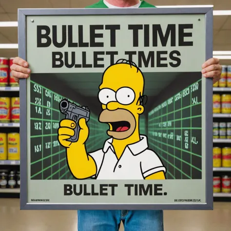 A photo of Homer in matrix with sign that says "bullet time memes xl"