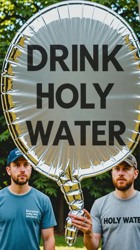 Photo of Conspiracy theorists with tin foil text bubble that says "drink holy water"