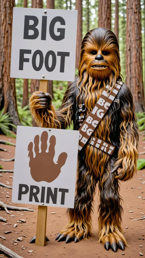 Photo of chewbacca with a sign that says "big foot print"